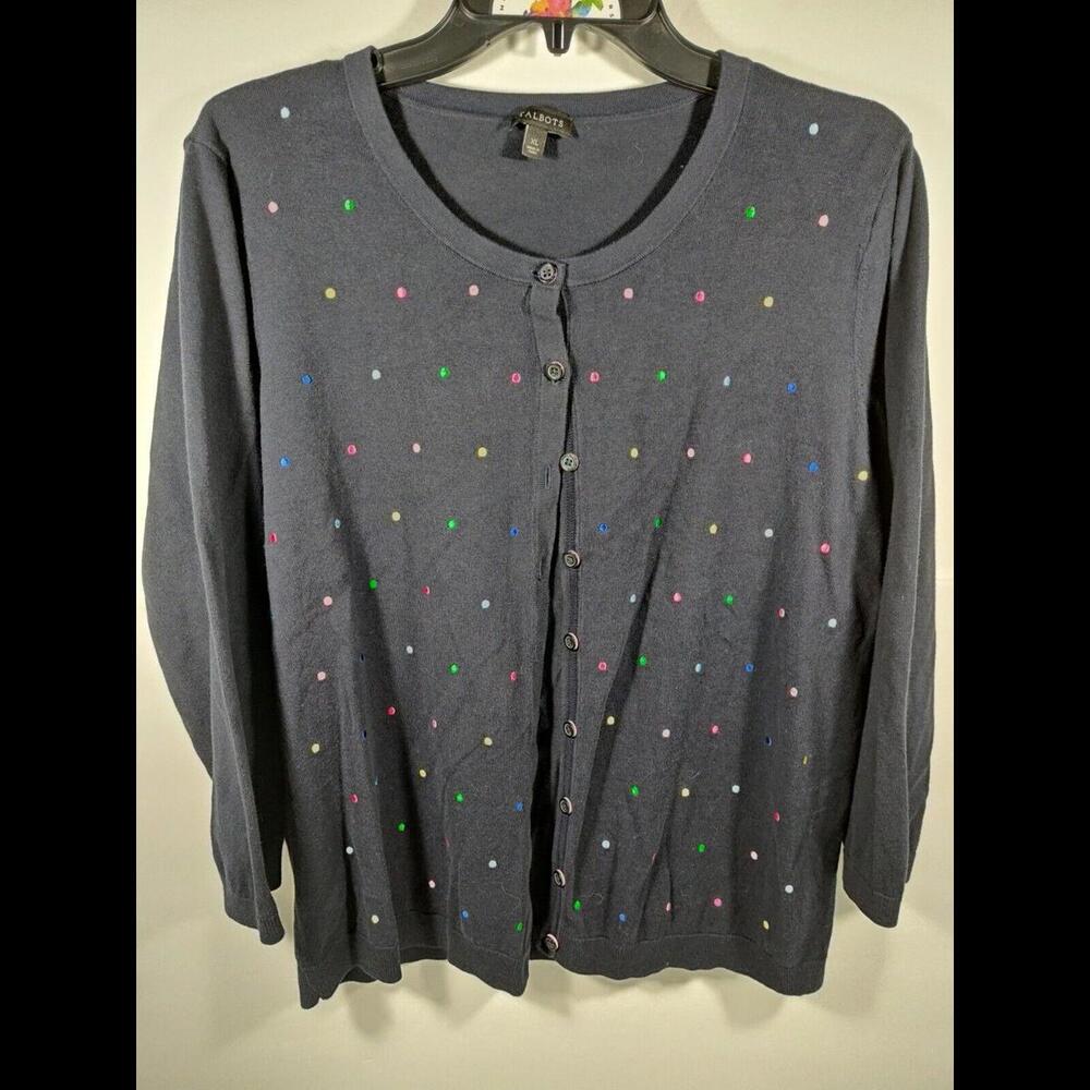 Talbots Sweater Colorful Polka Dot Cardigan Long Sleeve Button Down XL Navy